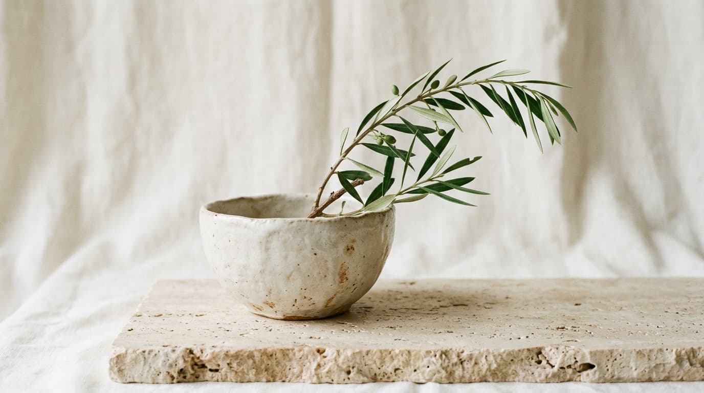 Aranjament minimalist vas ceramic cu crenguță de măslin